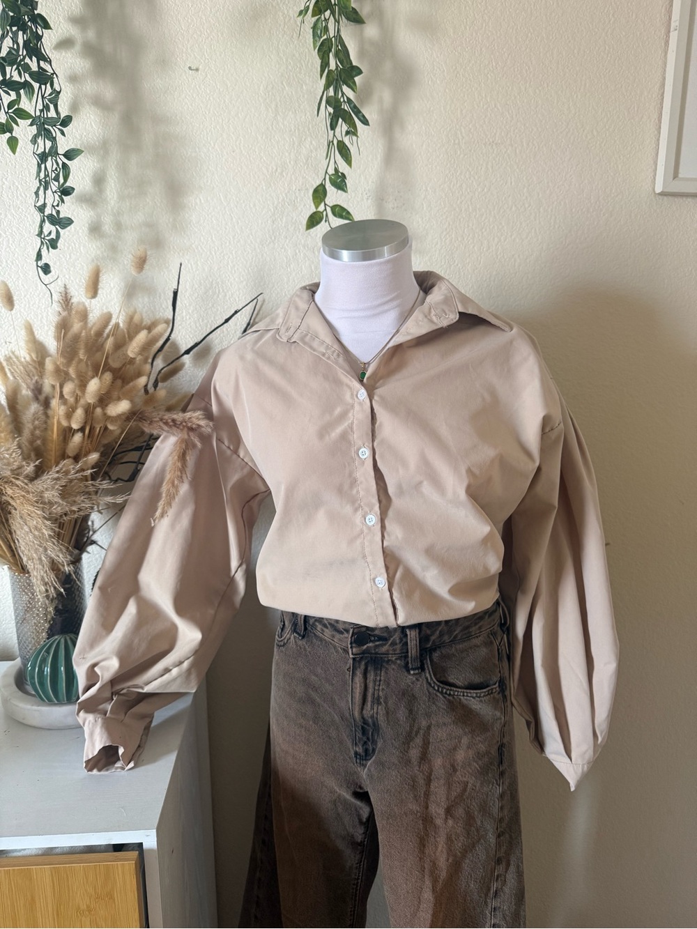 Beige Button-Up Balloon Sleeve Blouse